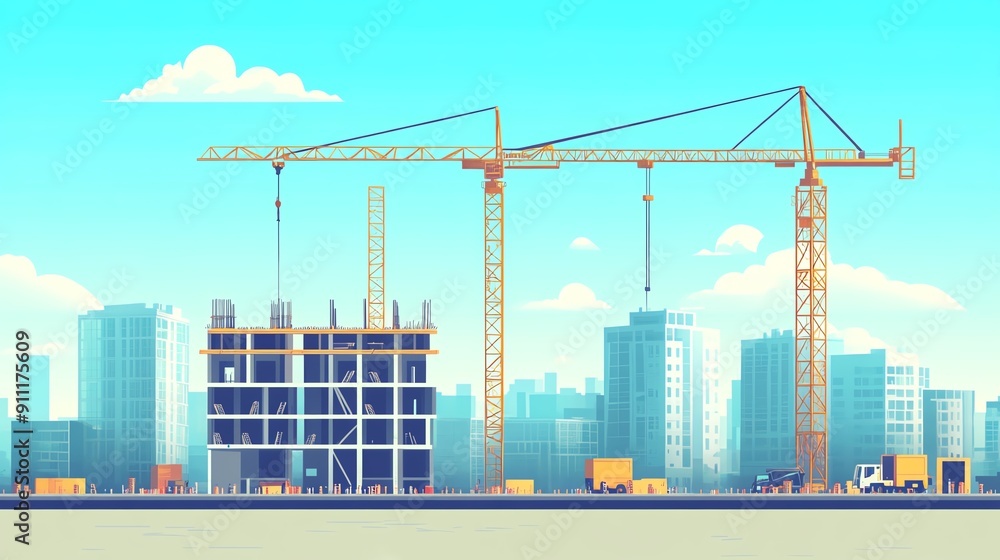 A vibrant illustration of a construction site with cranes, buildings, and equipment against a blue sky and fluffy clouds. A vibrant illustration of a construction site with cranes, buildings, and equipment against a blue sky and fluffy clouds.
