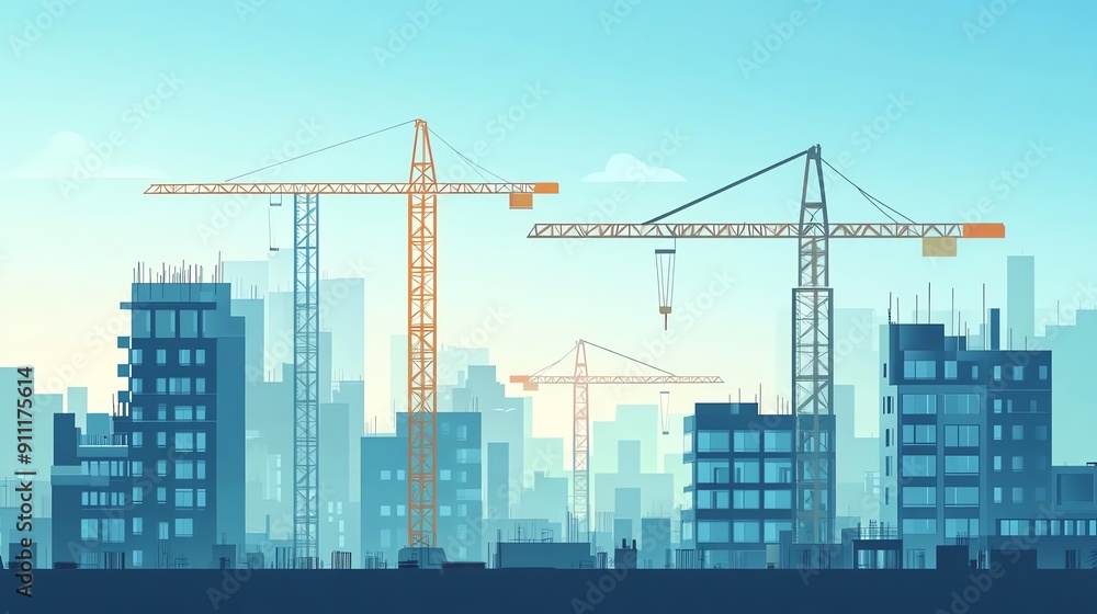 A vibrant city skyline featuring construction cranes and modern buildings, illustrating urban development and infrastructure growth. A vibrant city skyline featuring construction cranes and modern buildings, illustrating urban development and infrastructure growth.