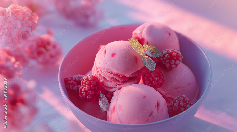 A bowl of ice cream with strawberries and blueberries on top A bowl of ice cream with strawberries and blueberries on top