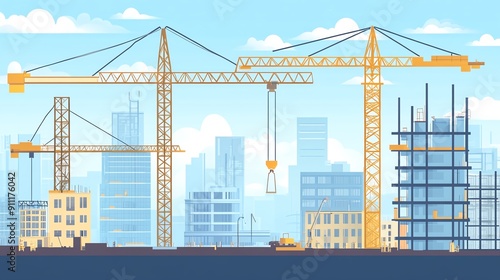 An illustration of cranes at a construction site, with buildings and a skyline in the background, showcasing urban development.