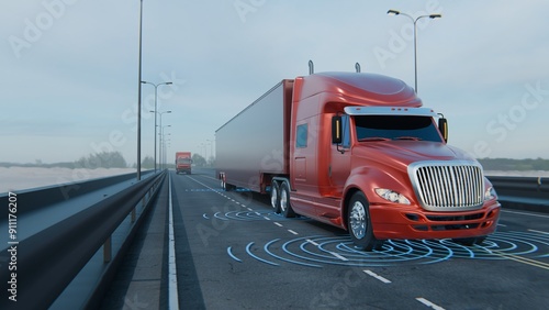 Принти на полотні Autonomous American semi-truck with a trailer, controlled by artificial intelligence, drives on the line road