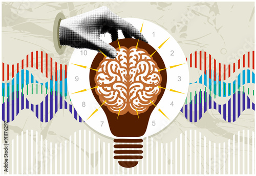 A poster artwork featuring a lit bulb representing a creative spark, intertwined with the biological cycle of the human body controlled by the brain with brainwaves and neural activity.