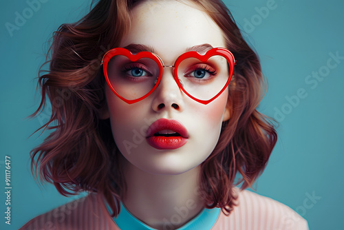 Woman with heart shaped glasses in front of blue studio backgund photo