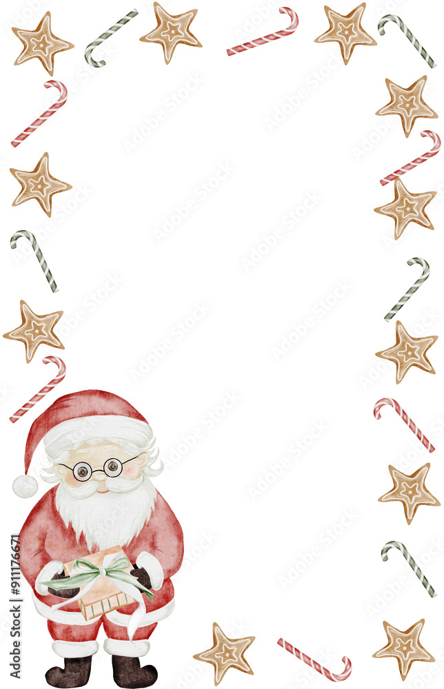 Fototapeta premium Christmas card. Watercolor hand drawn holiday frame square with santa claus and sweets. Clip art isolated on white background new year border. Perfect for holiday invitations