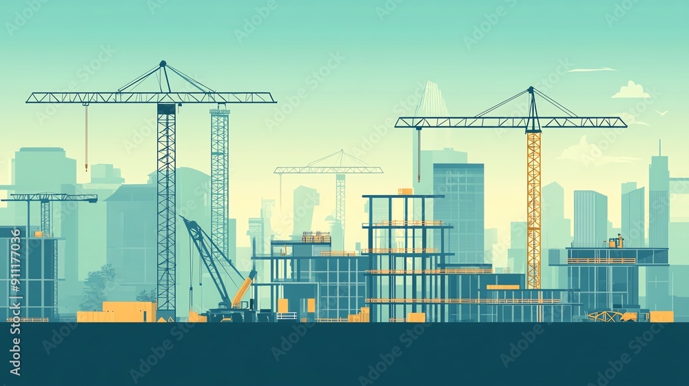 Vector illustration of a construction site with cranes and buildings against a city skyline. A modern development scene. Vector illustration of a construction site with cranes and buildings against a city skyline. A modern development scene.