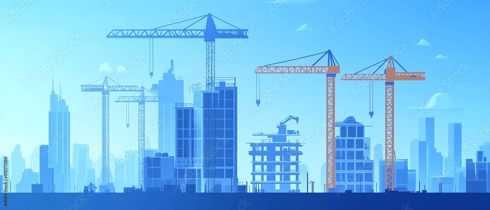 A vibrant skyline featuring construction cranes and urban development, illustrating progress and modern architecture. A vibrant skyline featuring construction cranes and urban development, illustrating progress and modern architecture.