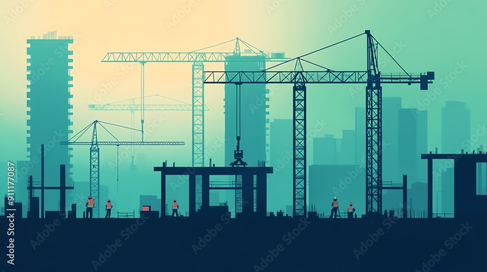 Silhouette of construction site with cranes and workers during sunset, showcasing urban development and industrial progress. Silhouette of construction site with cranes and workers during sunset, showcasing urban development and industrial progress.