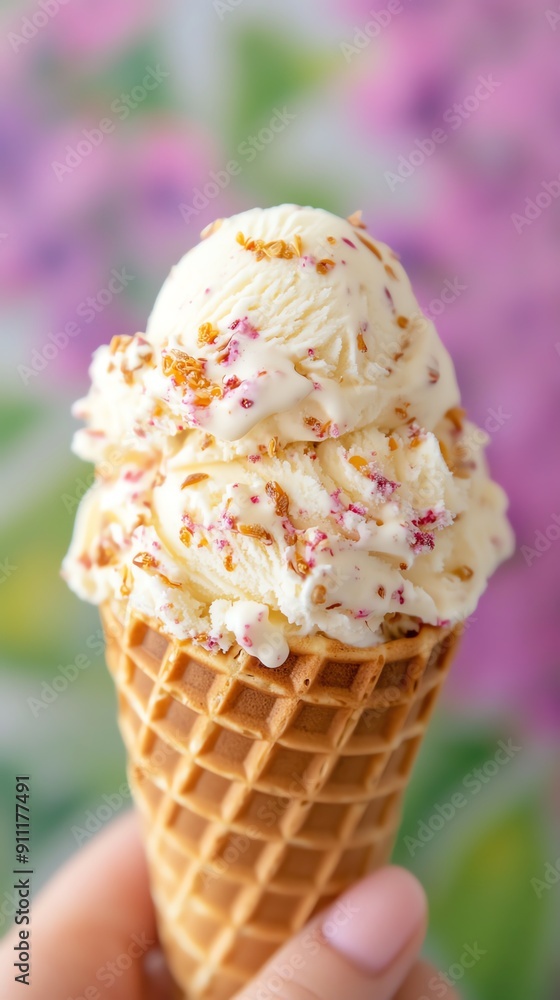 Wattleseed ice cream in a waffle cone, held up against a vibrant mural of Australian flora and fauna Wattleseed ice cream in a waffle cone, held up against a vibrant mural of Australian flora and fauna