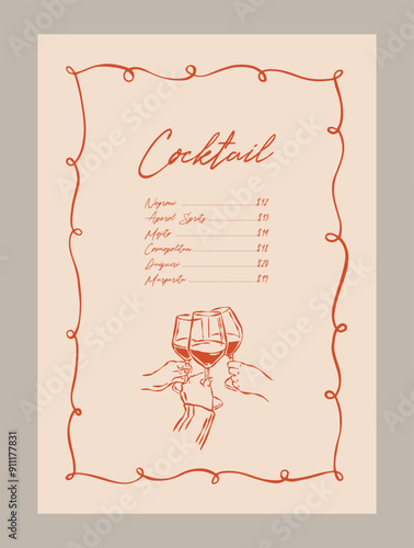 Cocktail menu template. Minimal vector cocktail doodles. Matisse style illustrations.