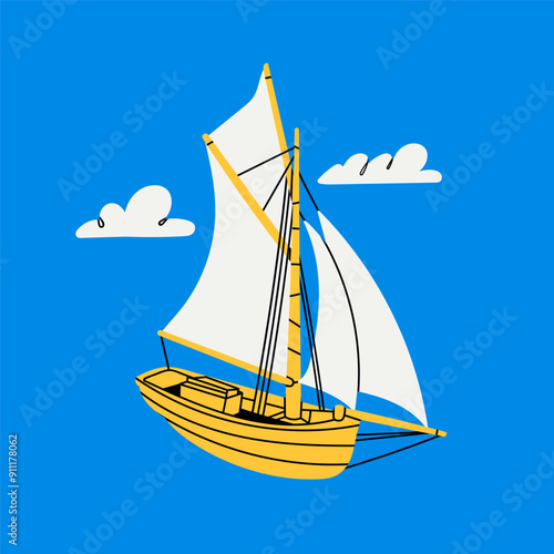 Sailing ship and clouds. Ocean transport, wind sail boat, yacht. Hand drawn Vector illustration. Cartoon style. Isolated design element. Icon, logo, print template