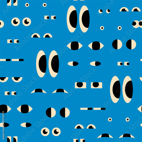 Various Eyes with different Emotions, look, expression. Big, small, suspicious, happy, sad, angry eyes. Cartoon style. Flat design. Hand drawn trendy Vector illustration. Square seamless Pattern
