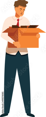 Sad office worker holding cardboard box after getting fired