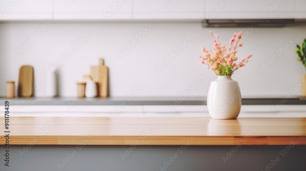 Empty dinning table with blurred kitchen background Empty dinning table with blurred kitchen background