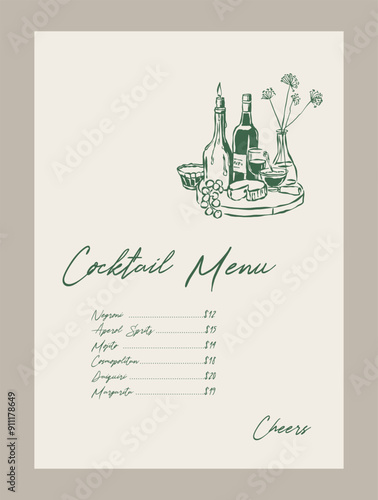 Cocktail menu template. Minimal vector cocktail illustration. Matisse style illustrations.