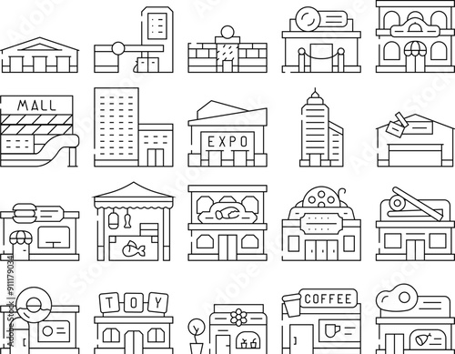 Building Construction Exterior Icons Set Vector. Shopping And Commercial Center Skyscraper, Seafood Sushi Restaurant, Cinema Night Club Building Line. Coffee Shop And Cafe Black Contour Illustrations