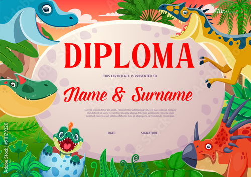 Kids diploma, cartoon dinosaurs with dino egg and kid. School or kindergarten education vector diploma certificate on background frame with styracosaurus, haplocanthosaurus, allosaurus and neovenator