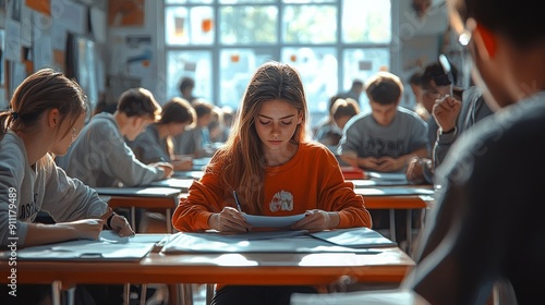 Students Concentrating in a Classroom Setting While Taking an Important Test on a Bright Day
