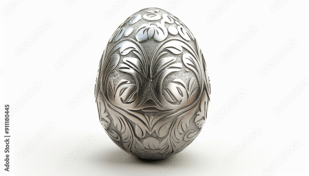 Intricately Designed Silver Egg Showcasing Floral Patterns on White Background Intricately Designed Silver Egg Showcasing Floral Patterns on White Background