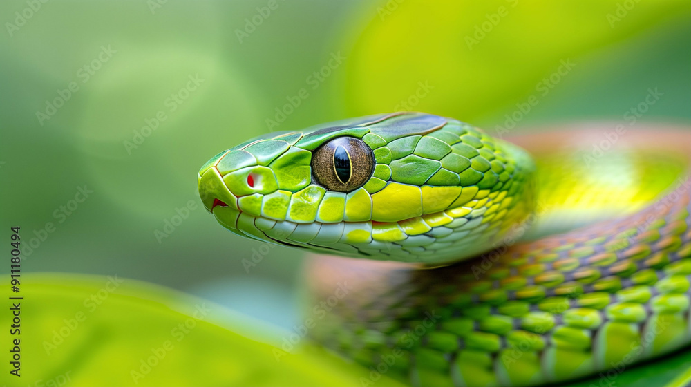 Stunning Green Snake Closeup in Nature. Captivating Reptile Portrait Focused on Vibrant Colors and Textures Surrounded by Lush Greenery Stunning Green Snake Closeup in Nature. Captivating Reptile Portrait Focused on Vibrant Colors and Textures Surrounded by Lush Greenery