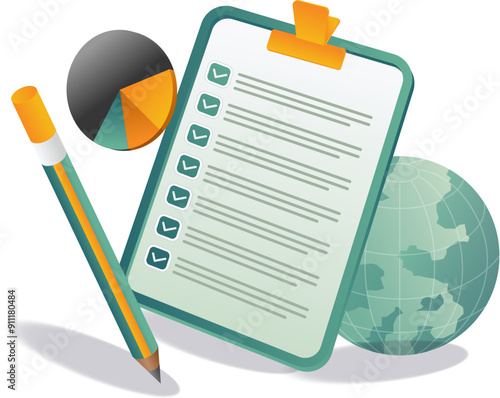 Vector image of a clipboard with a pen and globe, symbolizing global communication and organization