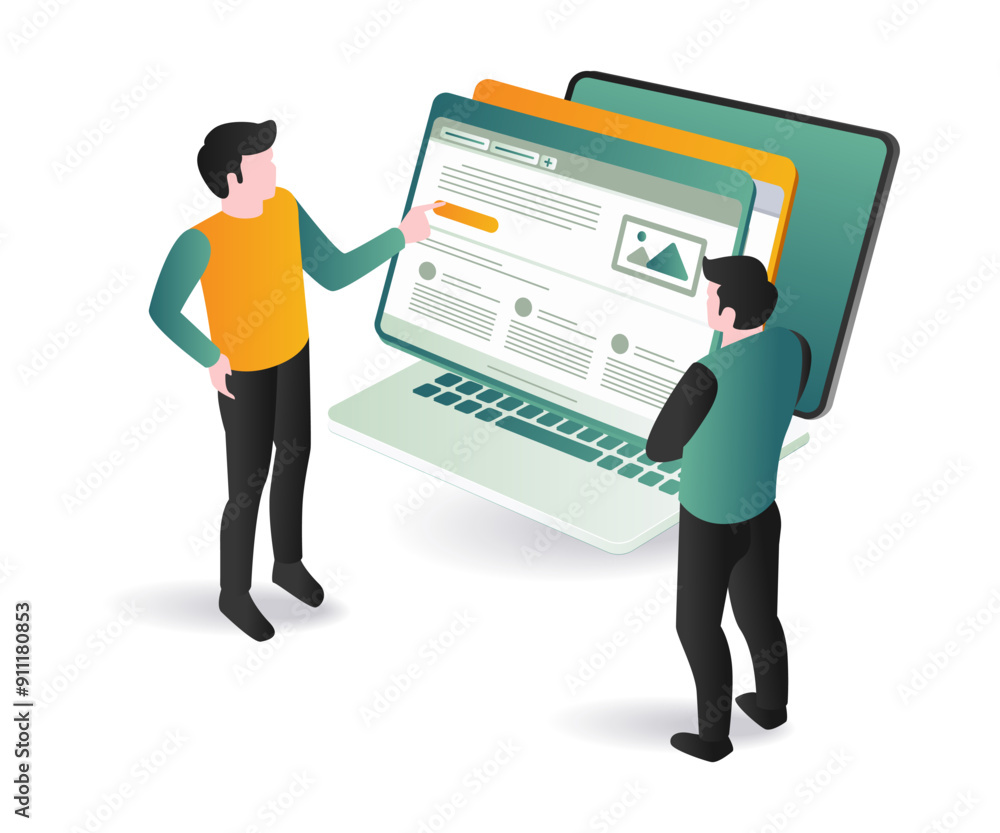 Two web developers standing next to a laptop screen Two web developers standing next to a laptop screen