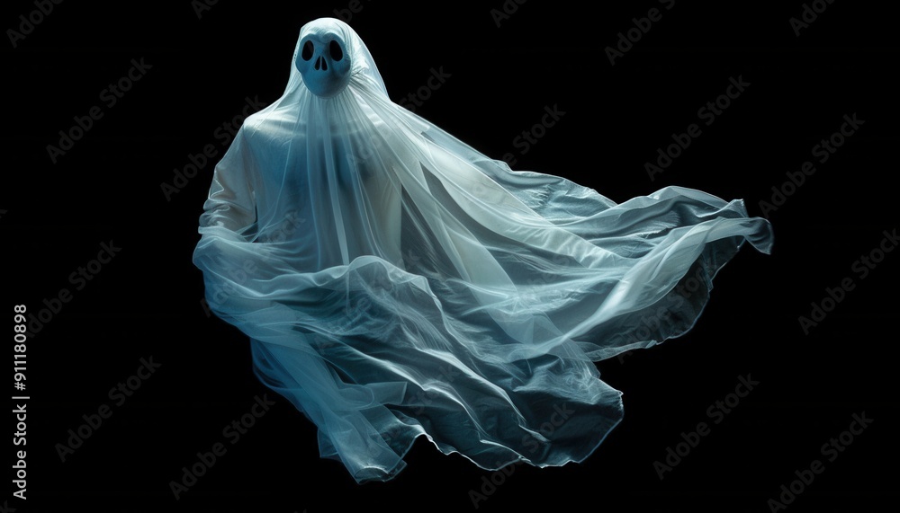 Mysterious Ethereal Ghost Surrounded by Flowing Fabric in Dark Atmosphere Mysterious Ethereal Ghost Surrounded by Flowing Fabric in Dark Atmosphere