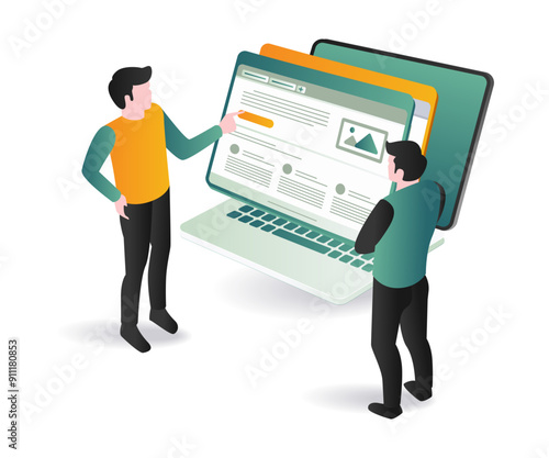 Two web developers standing next to a laptop screen