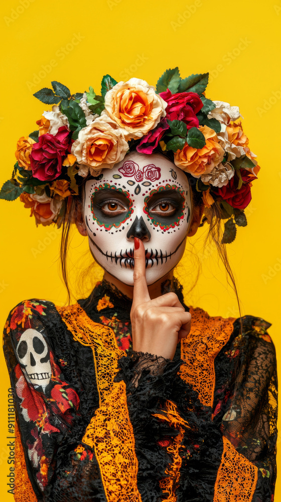 A woman in a Mexican costume with a flower headdress and a skull on her dress A woman in a Mexican costume with a flower headdress and a skull on her dress