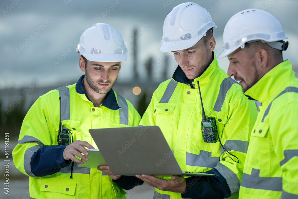 Team professional electrical engineer safety uniform working together power plant using laptop during evening time. Industrial engineering factory site control energy power station and oil. Team professional electrical engineer safety uniform working together power plant using laptop during evening time. Industrial engineering factory site control energy power station and oil.