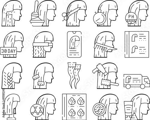 Hair Salon Hairstyle Service Icons Set Vector. Hair Painting And Cutting, Straightening And Braiding, Balancing Ph Of Scalp Departure Of Specialist . Thermo Wrap And Curler Black Contour Illustrations