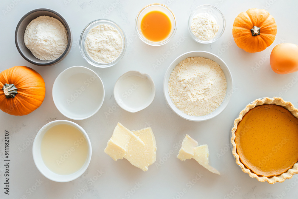 Top view of a layout of ingredients for making pumpkin pie spread on a white table. A recipe for making pumpkin pie in autumn. Top view of a layout of ingredients for making pumpkin pie spread on a white table. A recipe for making pumpkin pie in autumn.