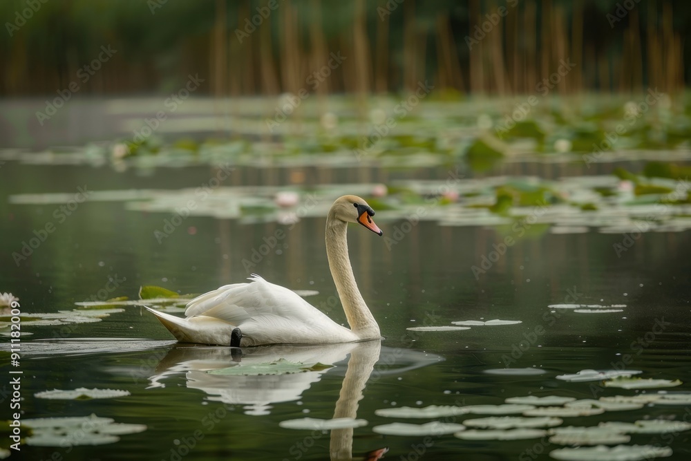 A serene scene of a mute swan gliding on a calm lake, surrounded by reeds and lily pads. A serene scene of a mute swan gliding on a calm lake, surrounded by reeds and lily pads.