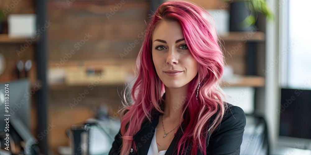 female CEO with pink hair, office background female CEO with pink hair, office background