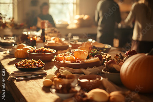 Friendsgiving table with Autumn food, candles, roasted turkey and pumpkin pie over wooden table. Table decorating concept for a beneficence day celebration. photo