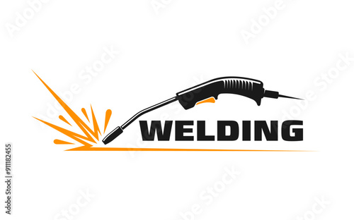 Weld icon, Welder tool with sparks. Isolated vector emblem with stylized welding torch in action, emitting a bright, dynamic spray of sparks, symbolizing the process of industrial metal work service
