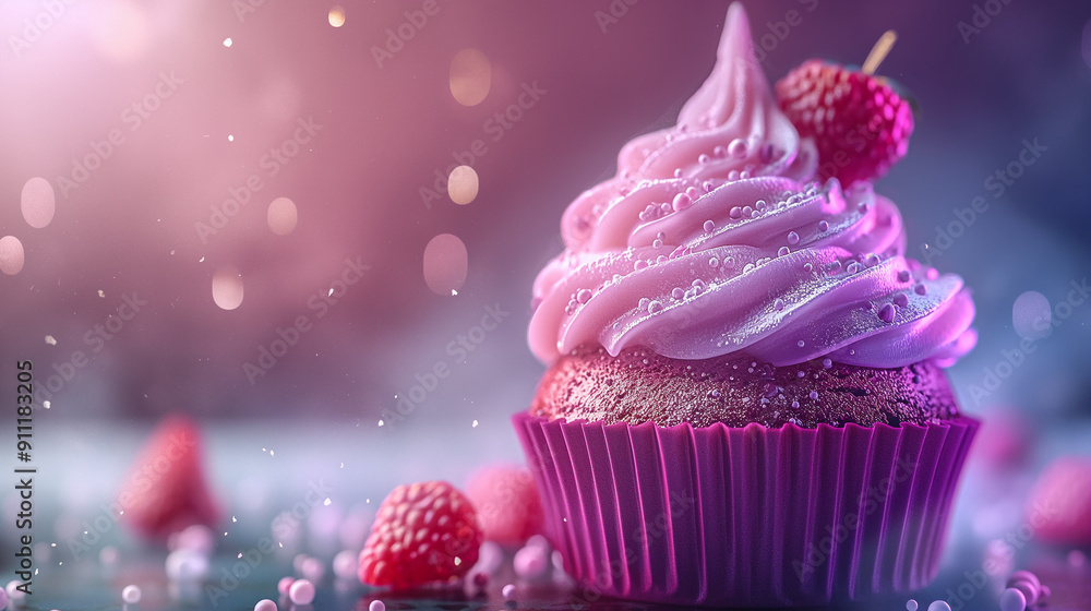 A close-up of a cupcake with pink frosting and raspberries on top A close-up of a cupcake with pink frosting and raspberries on top