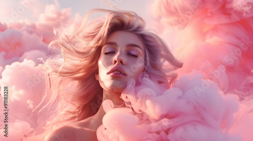 A woman with platinum blonde hair immersed in a dreamscape of soft pink clouds, creating a serene and ethereal atmosphere.