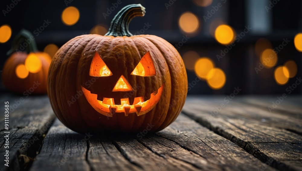 Fototapeta premium Scary halloween pumpkin on wooden planks