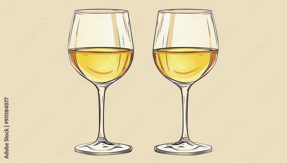 Two Elegant Glasses of White Wine Positioned Together on a Soft Beige Background Two Elegant Glasses of White Wine Positioned Together on a Soft Beige Background