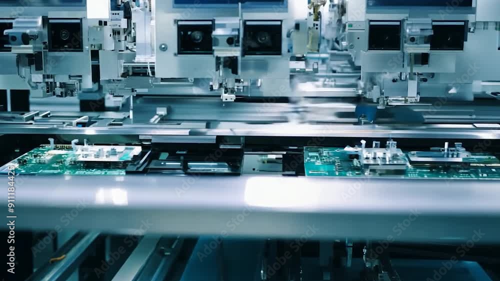 Advanced robotic systems are assembling electronic components on a circuit board in a high-tech manufacturing environment Advanced robotic systems are assembling electronic components on a circuit board in a high-tech manufacturing environment
