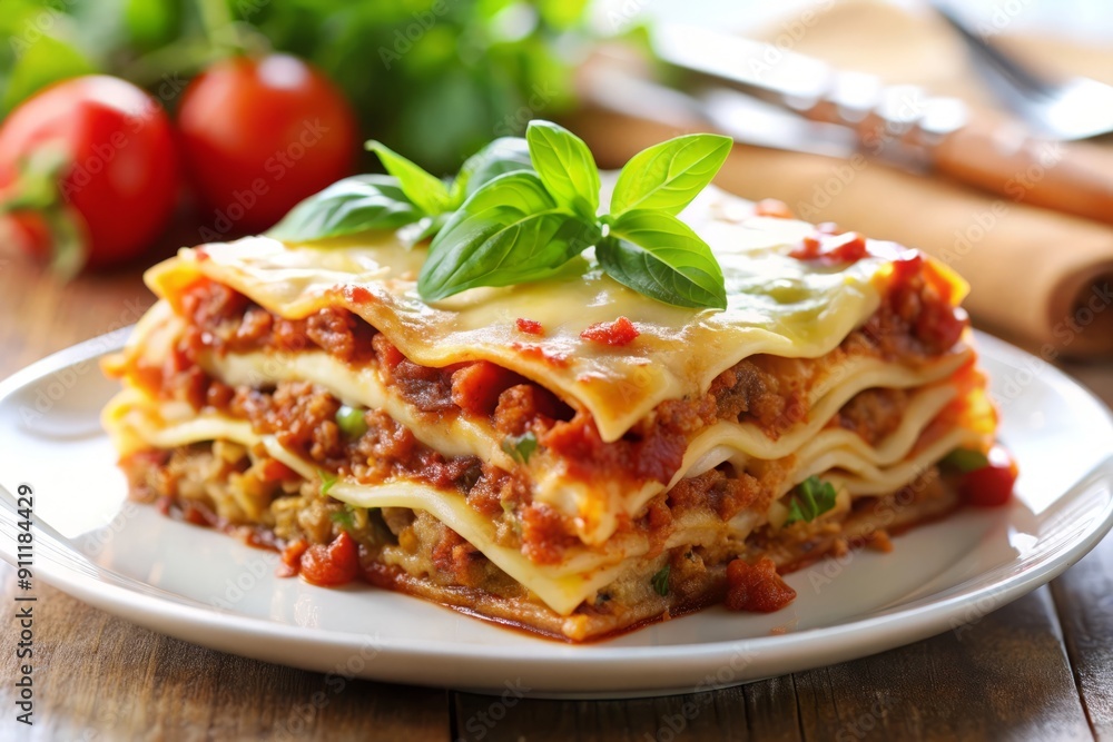 Delicious Lasagna with Melted Cheese and Basil. Delicious Lasagna with Melted Cheese and Basil.