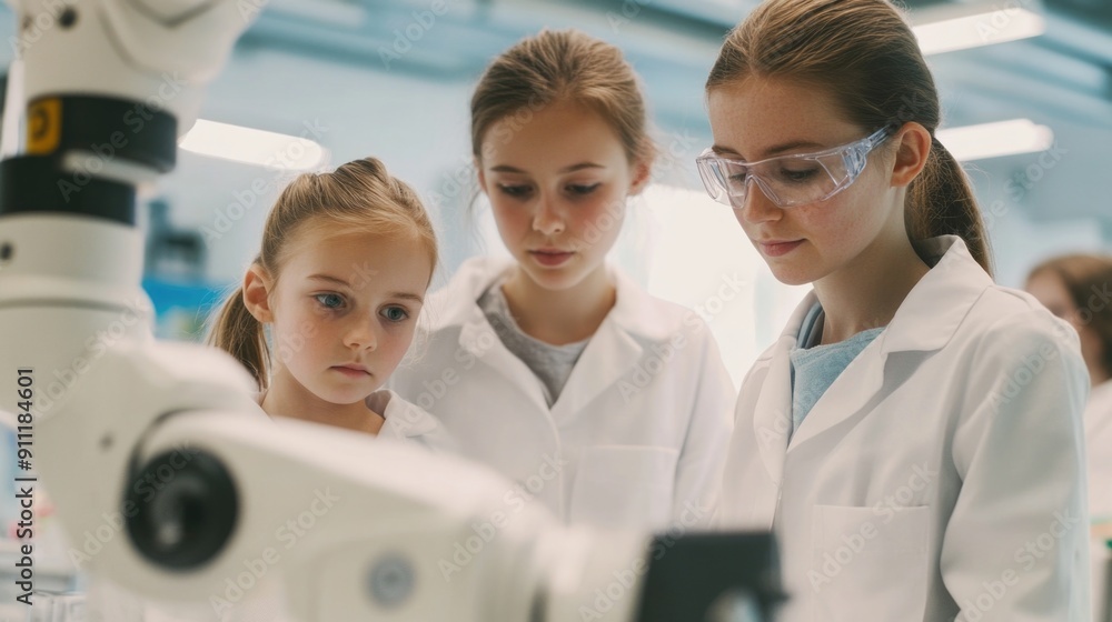 Fototapeta premium Two scientists studying microorganisms under a microscope