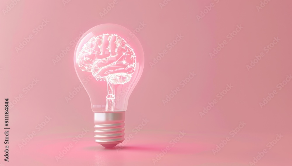 Illuminated Brain Inside Light Bulb Set Against Soft Pink Background in Studio Illuminated Brain Inside Light Bulb Set Against Soft Pink Background in Studio