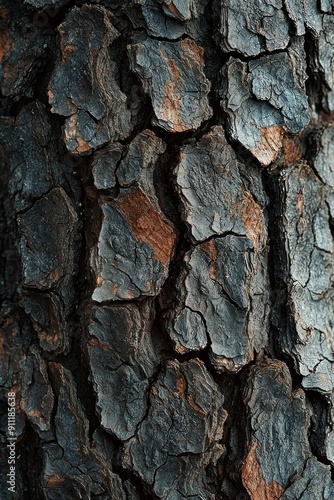 A detailed view of tree bark, highlighting the rough, textured surface and natural patterns. 