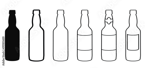 Cartoon glass beer bottle line pattern. Beer or or lemonade bottles icon. Beer bottles silhouettes. Alcohol drinks. Alcoholic tools, for  party and drunk sign. Cheers logo