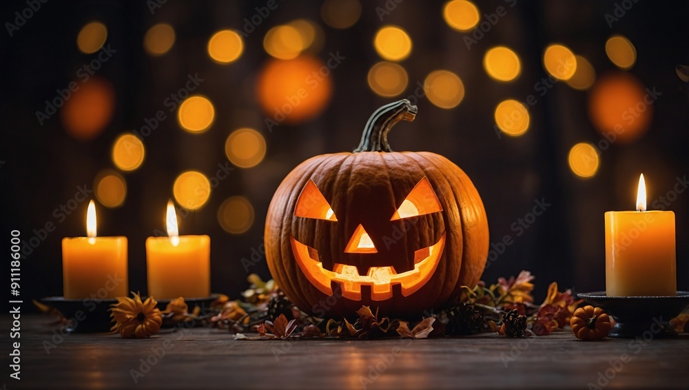 Smiling pumpkin and candelabrums on Halloween table Smiling pumpkin and candelabrums on Halloween table
