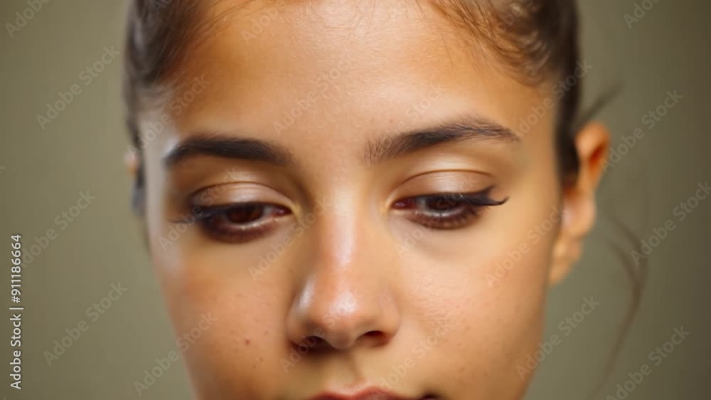 A young woman gazes directly into the camera with a serious expression, highlighting her expressive eyes and smooth skin against a soft background A young woman gazes directly into the camera with a serious expression, highlighting her expressive eyes and smooth skin against a soft background