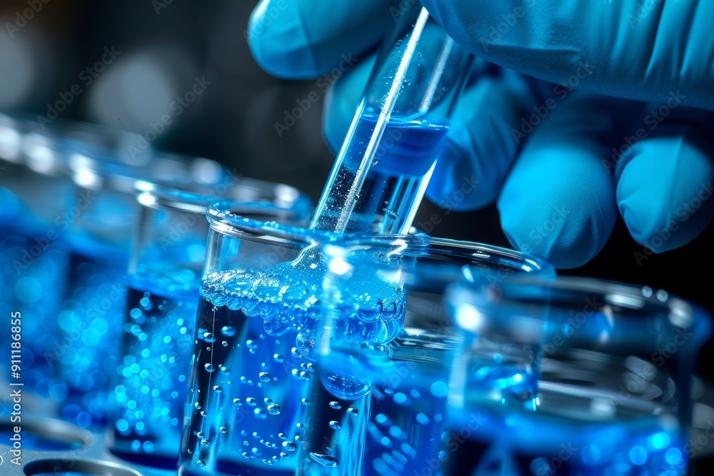 Gloved Hand Pouring Blue Liquid From Test Tube Into Glass Beakers Gloved Hand Pouring Blue Liquid From Test Tube Into Glass Beakers