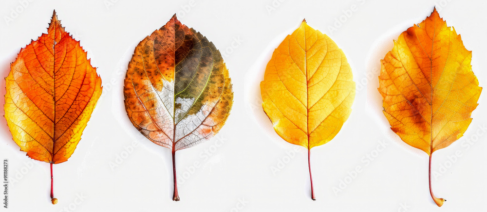 Fototapeta premium Four colorful autumn leaves showing different stages of ageing on white background