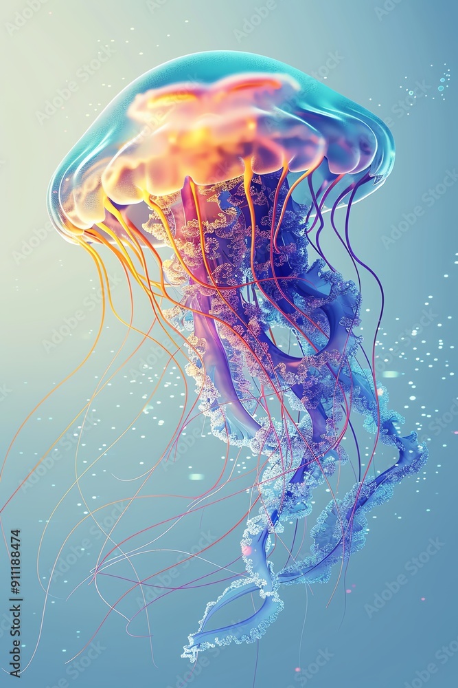 A dynamic, realistic jellyfish with flowing, translucent tentacles, against a solid light blue background A dynamic, realistic jellyfish with flowing, translucent tentacles, against a solid light blue background